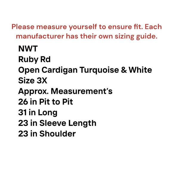 Ruby Rd Cardigan Women's SZ 3X Open Turquoise &White Fringe Hem Long Sleeve - Picture 3 of 10